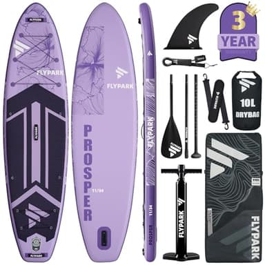 Flypark 11'x34 Inflatable Stand Up Paddle Boards, Extra Wide SUP Paddleboard Inflatable, Yoga Stand Up Paddle Board, 116L Backpack, 15 D-Rings, Shoulder Strap, US-Fin, 2-Action Pump, Prosper Purple