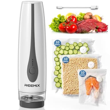 Reemix Compact Vacuum Sealer, Handheld Rechargeable Bag Sealer Machine & 30 Reusable Bags (10L/10M/10S), Portable & Wireless, Easy-Clean, White