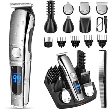 Ufree Beard Trimmer for Men, Waterproof Electric Razor Shaver for Nose, Body, Face and Mustache, Cordless Hair Clippers Men Grooming Kit, Gifts for Husband Father Silver