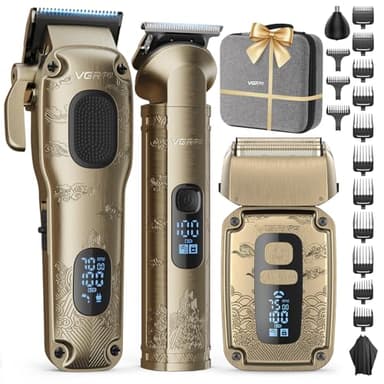 VGRPRO Hair Clippers & Trimmers set for Men Professional, Waterproof Electric Razor Foil Shaver for Men Face Beard, Cordless for Hair Cutting, 4-Speed Setting, LED Battery Display, Barber or Home Use (Gloden)