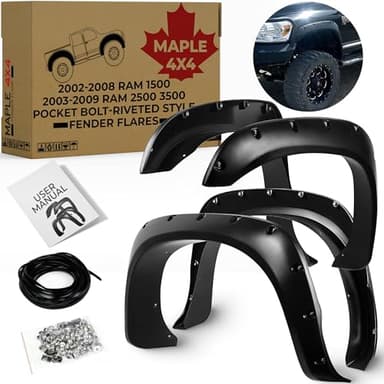 MAPLE4X4 Fender Flares Compatible with 2002-2008 Dodge Ram 1500 2003-2009 Ram 2500 3500 Pocket Bolt-Riveted Style | Smooth Black Paintable