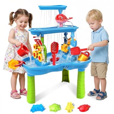 Water Table for Toddlers 3-5 | 3-Tier Kids Water Table Toys, Outdoor Water Table with Rain Showers Splash Pond for Beach Backyard Summer, Sensory Play Table for Boys Girls