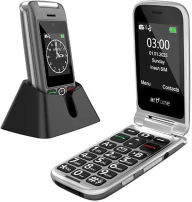 artfone G6 Gray - 4G Unlocked Senior Cell Phone, Senior Flip Phone with Charging Dock for Elderly, Large Fonts, 2.4" Dual-LCD, SOS Button, Loud Speaker, 1300mAh Battery, Camera, Time Reporting