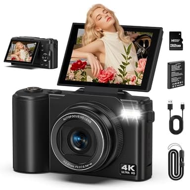 4K Digital Camera for Photography, 64MP Vlogging Camera for YouTube with 180° Flip Screen, 18X Zoom UHD Autofocus Video Camara, Compact with 32GB Micro SD Card for Teens, Boys & Girls, Beginners