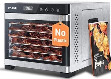 Cosori Food Dehydrator (50 Recipes) for Jerky, Vegetables Fruit, Meat, Dog Treats, Herbs, and Yogurt, Dryer Machine with Temperature Control, 6 Stainless Steel Trays, Rear-Mounted Fan, Silver