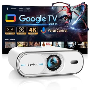 Projector-4K Movie Projecteur Bluetooth: [Built-in Google TV & 2500 Brightness & Auto Lens Cap] AI Voice Control & Auto Focus, WiFi 6, 40W Audio, Sovboi Home Theater Ceiling Projector