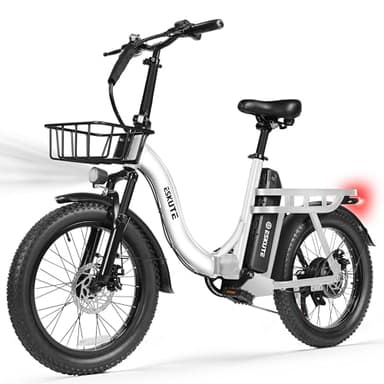 Electric Bike for Adults – 1200W Peak Motor, Folding 20x3 Fat Tire E‑Bike, 48V 10.4Ah Battery, Step‑Through Cargo Fold Ebike, 28 MPH, 7‑Speed, Up to 55 Miles White with Front Basket