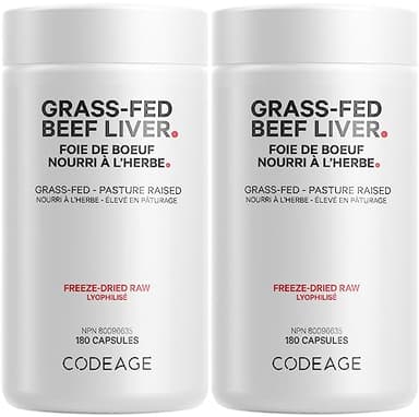 Codeage Grass Fed Beef Liver Supplement - Freeze Dried, Non-Defatted, Desiccated Beef Liver Glandulars Bovine Pills - Liver Health Foods Meat - Argentina Beef Vitamins For Liver - Non-GMO - (2 Pack)