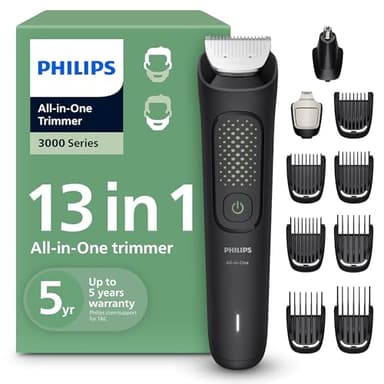 Philips Multigroom 3000 Series All-in-One 13-Piece Trimmer - Shaver and Clipper for Face, Head & Details, Self-sharpening Metal Blades, 8 Length Settings, Model MG3939/18