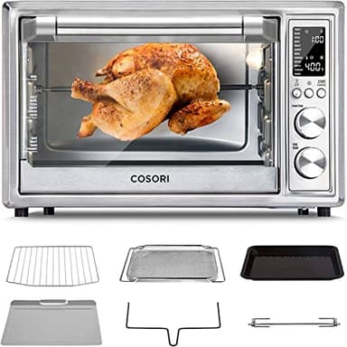 Cosori Air Fryer Toaster Oven, 12-in-1 Convection Oven Countertop with Rotisserie, Stainless Steel 32QT/30L, 6-Slice Toast, 13-inch Pizza,100 Recipes, Basket, Tray(6 Accessories)Included