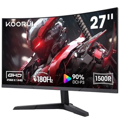 KOORUI 27 inch Gaming Monitor, QHD (2560 x 1440) R1500 180Hz Curved Monitors, AdaptiveSync with 1ms, VESA Compatible, HDR10, 1 x Display Port 1.4 & 2 x HDMI 2.0, Eye Care 27E6QCA